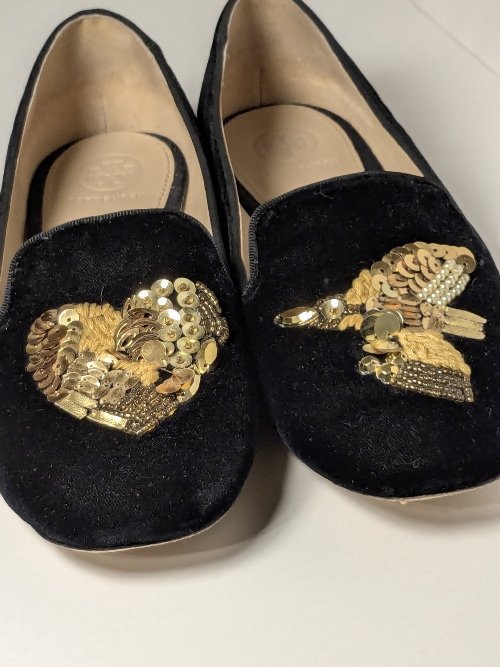 Tory Burch Black Velvet Embellished Loafers with Gold Sequin Detail